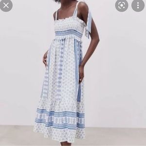 Zara Printed Midi Dress Tie Straps Smocked Bodice Linen Blend Size XS